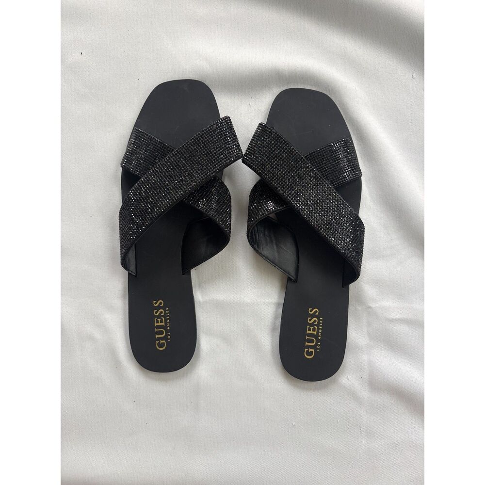 Guess Black Crystal Cross-Strap Slide Sandals